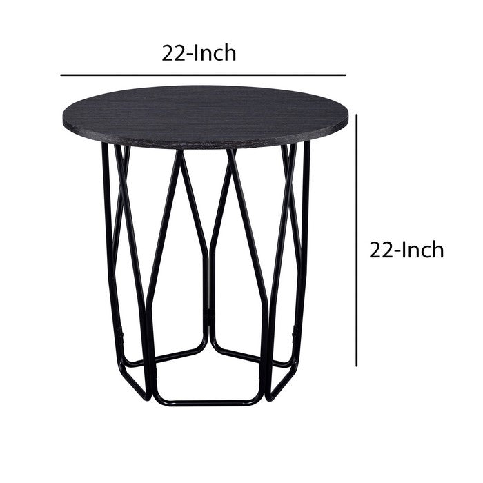 Industrial Style Wooden End Table with Metal Base, Black and Brown