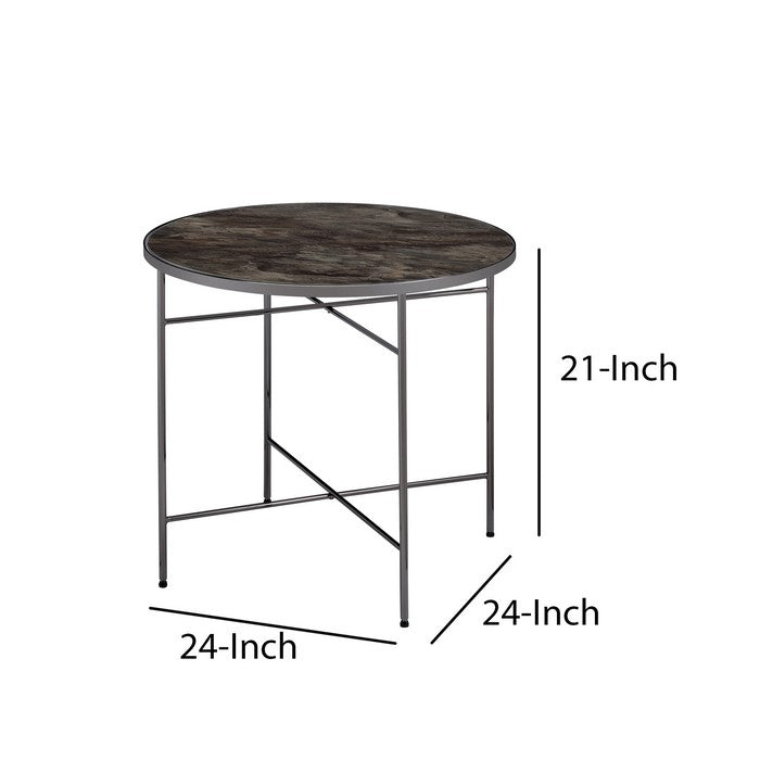 Contemporary Style Metal Framed End Table with Marble Top, Gray