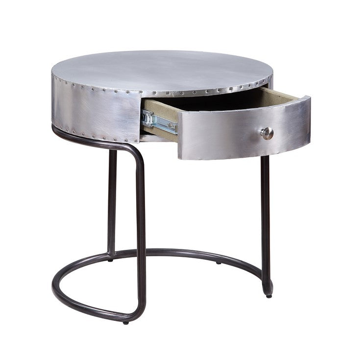Aluminum Patchwork Wooden End Table with Metal Cantilever Base, Silver