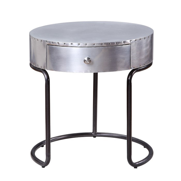 Aluminum Patchwork Wooden End Table with Metal Cantilever Base, Silver