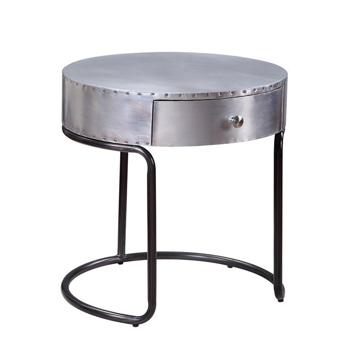 Aluminum Patchwork Wooden End Table with Metal Cantilever Base, Silver