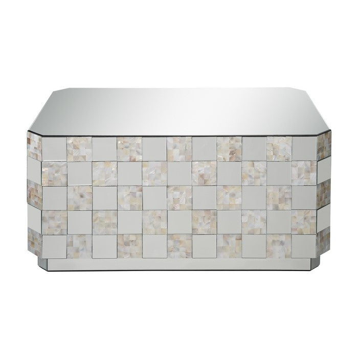 Wooden Coffee Table with Checkered Pattern Mirror Insets, Silver