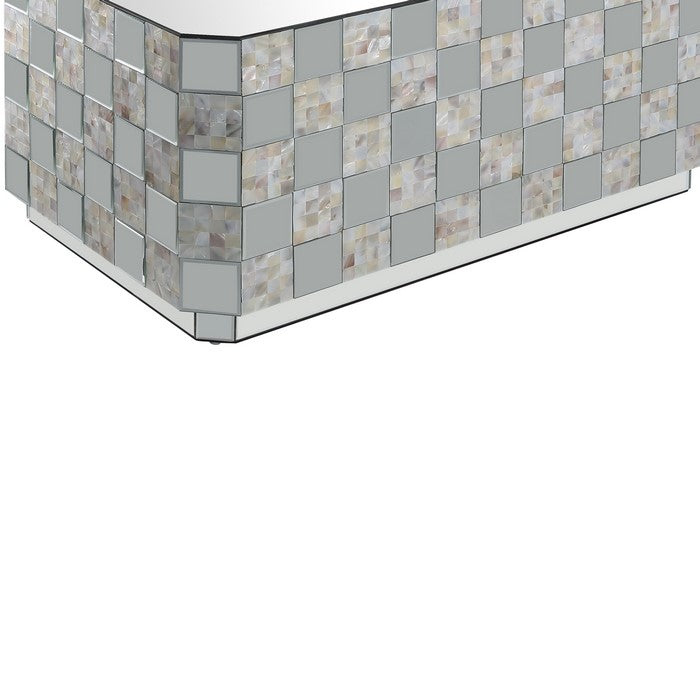 Wooden Coffee Table with Checkered Pattern Mirror Insets, Silver