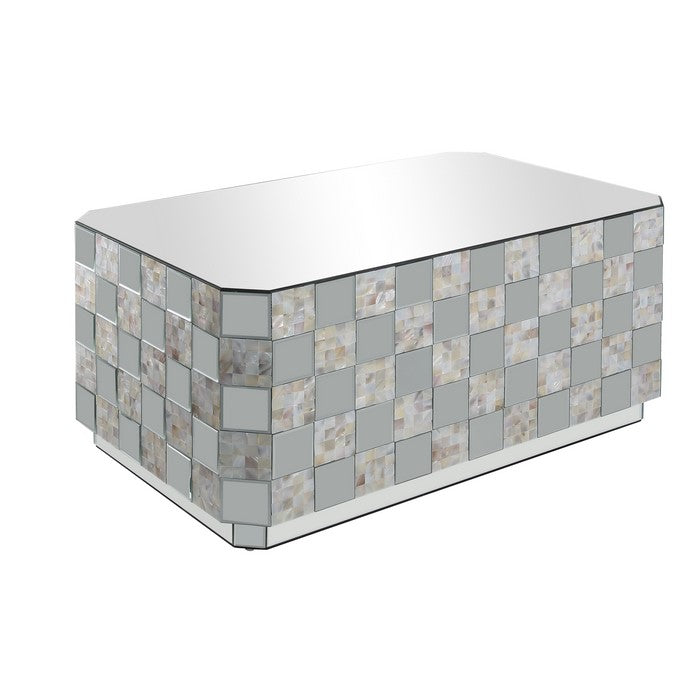 Wooden Coffee Table with Checkered Pattern Mirror Insets, Silver
