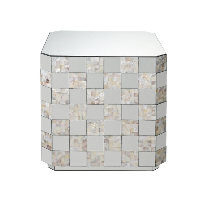 Wooden End Table with Checkered Pattern Mirror Insets, Silver