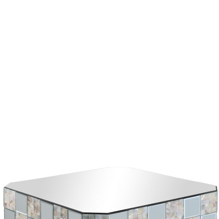 Wooden End Table with Checkered Pattern Mirror Insets, Silver