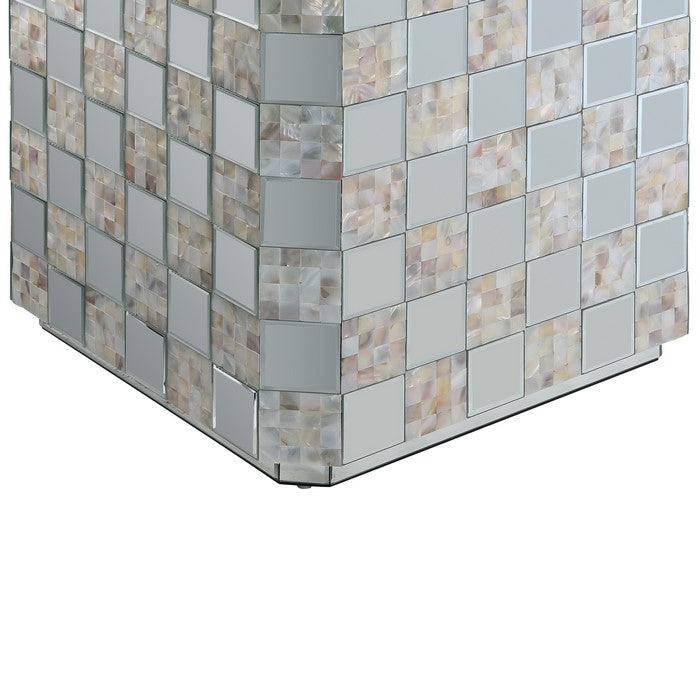 Wooden End Table with Checkered Pattern Mirror Insets, Silver