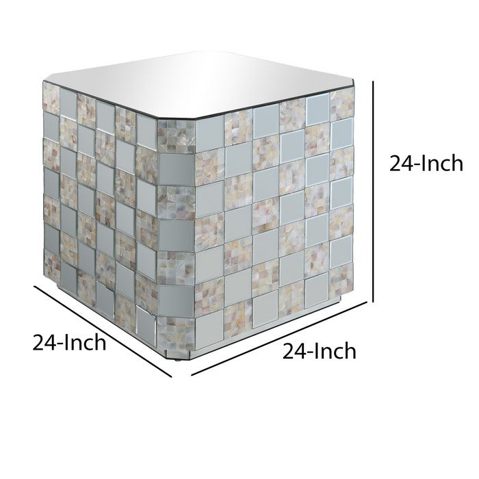 Wooden End Table with Checkered Pattern Mirror Insets, Silver