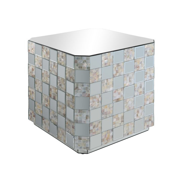 Wooden End Table with Checkered Pattern Mirror Insets, Silver