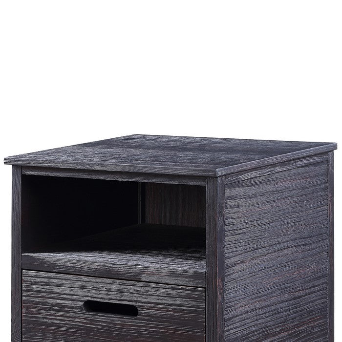 Rugged Textured Wooden End Table with Drop Down Storage, Black