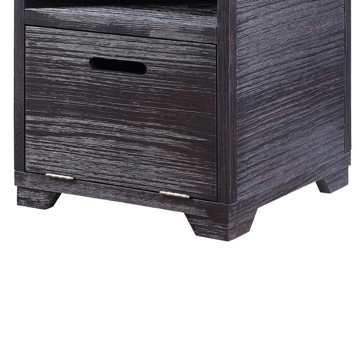 Rugged Textured Wooden End Table with Drop Down Storage, Black
