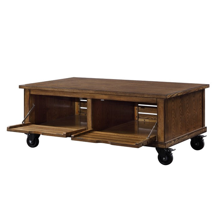 Wooden Coffee Table with Drop Down Storage and Caster Wheels, Brown