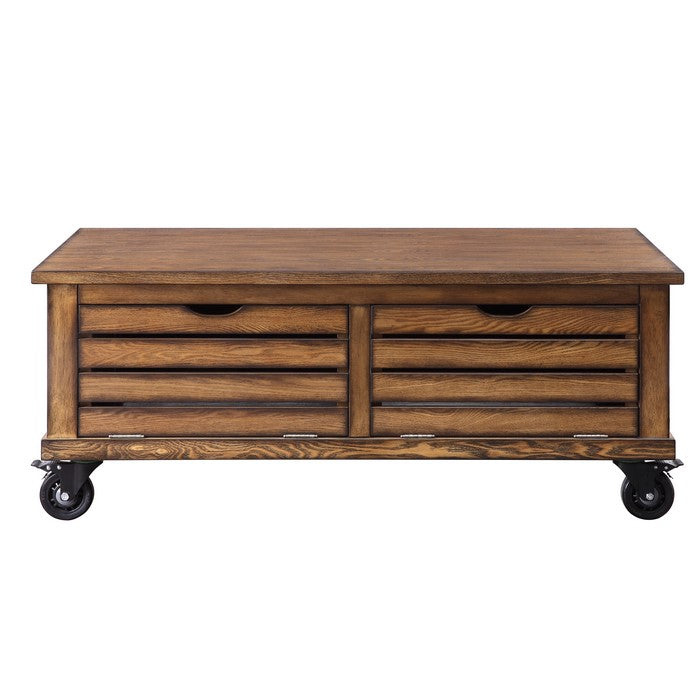 Wooden Coffee Table with Drop Down Storage and Caster Wheels, Brown