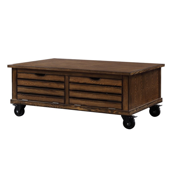 Wooden Coffee Table with Drop Down Storage and Caster Wheels, Brown