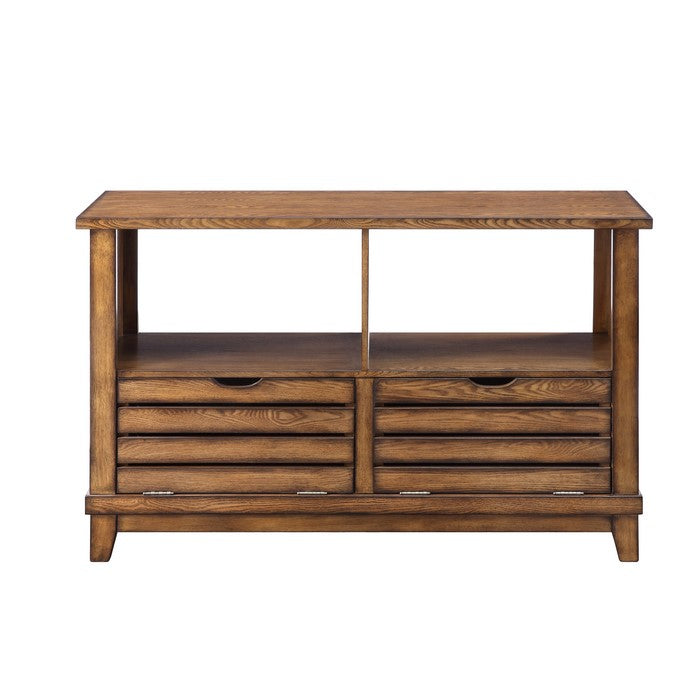 Slatted Front Sofa Table with Two Drawers and Two Shelf, Brown