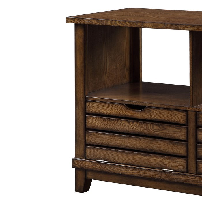 Slatted Front Sofa Table with Two Drawers and Two Shelf, Brown