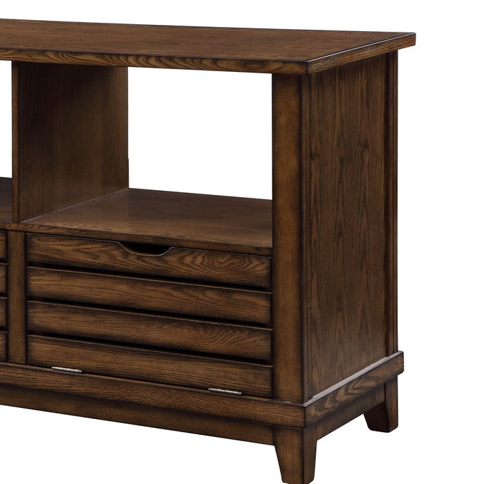 Slatted Front Sofa Table with Two Drawers and Two Shelf, Brown