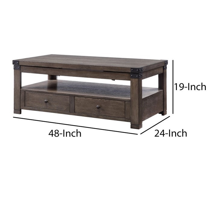 Transitional Style Wooden Coffee Table with Two Drawers, Gray