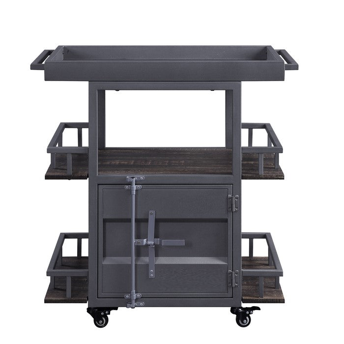 Metal Serving Cart with 1 Door Storage and 2 Tray Shaped Shelves, Gray