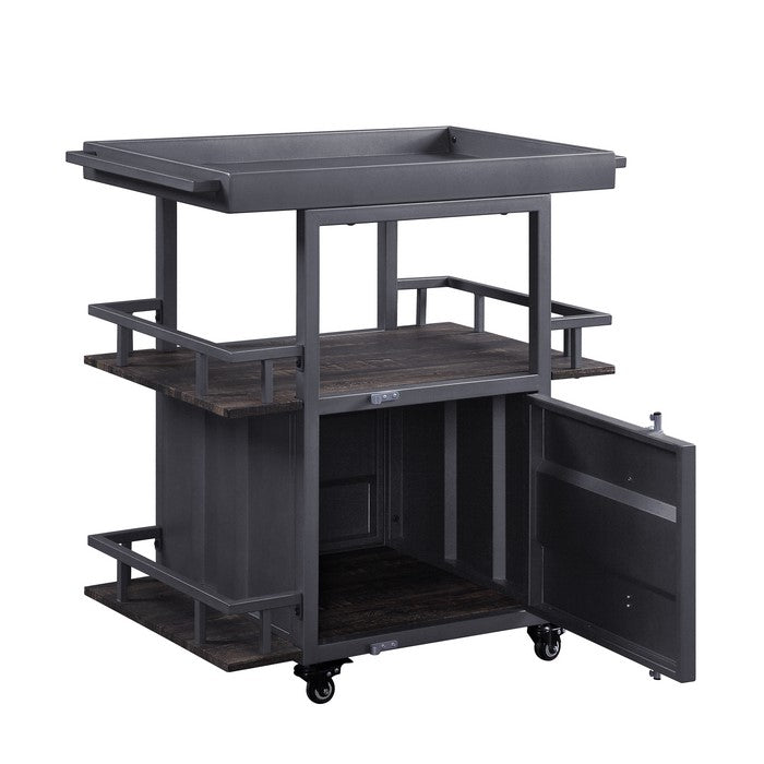 Metal Serving Cart with 1 Door Storage and 2 Tray Shaped Shelves, Gray