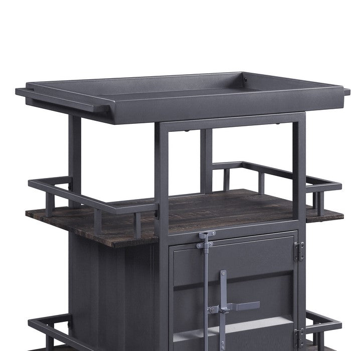 Metal Serving Cart with 1 Door Storage and 2 Tray Shaped Shelves, Gray