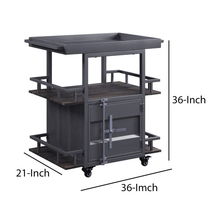 Metal Serving Cart with 1 Door Storage and 2 Tray Shaped Shelves, Gray