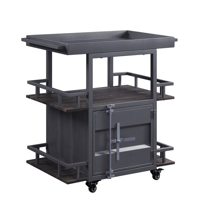 Metal Serving Cart with 1 Door Storage and 2 Tray Shaped Shelves, Gray