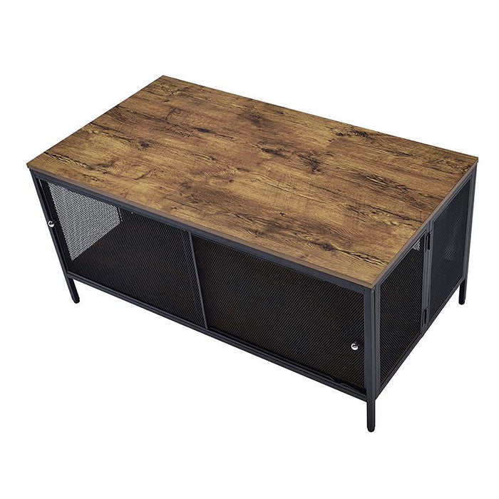 Metal Coffee Table with 1 Bottom Shelf and Mesh Design, Brown and Gray