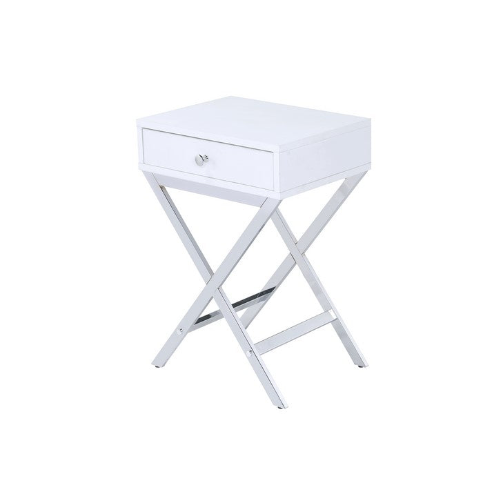 Wood and Metal Side Table with Crossed Base, White and Silver