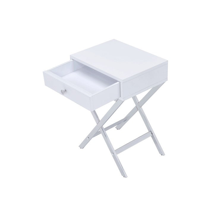 Wood and Metal Side Table with Crossed Base, White and Silver