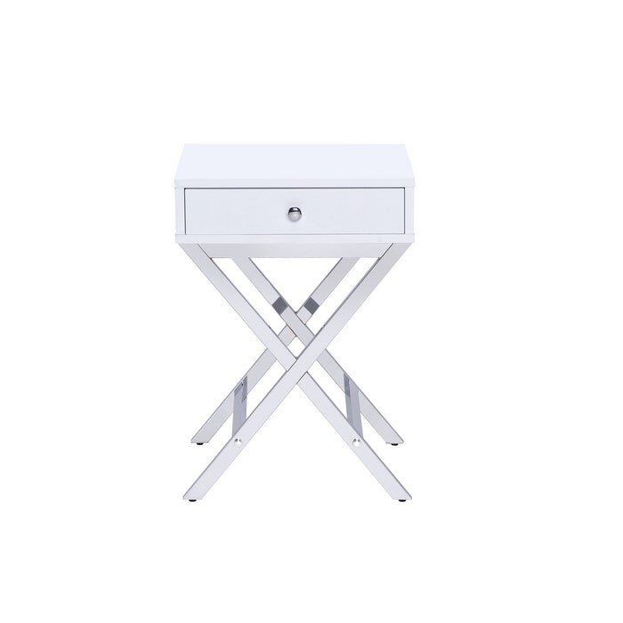 Wood and Metal Side Table with Crossed Base, White and Silver