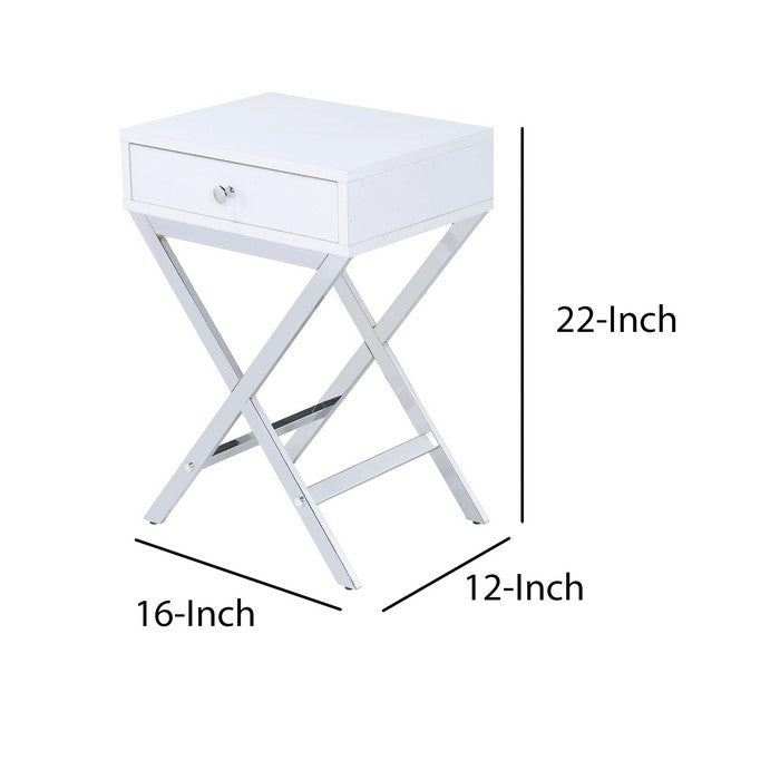 Wood and Metal Side Table with Crossed Base, White and Silver