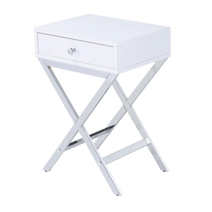 Wood and Metal Side Table with Crossed Base, White and Silver