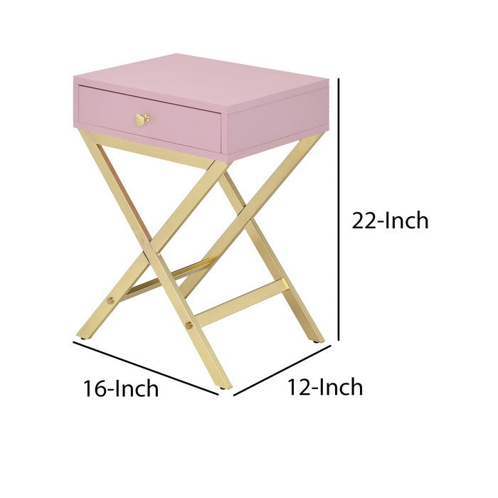 Wood and Metal Side Table with Crossed Base, Pink and Gold