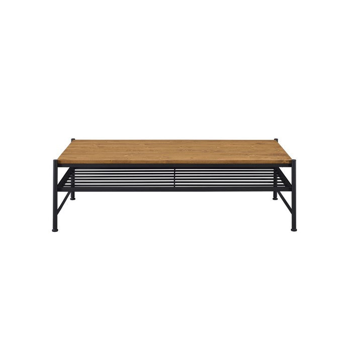Metal and Wood Coffee Table with Slatted Bottom Shelf,Brown and Black