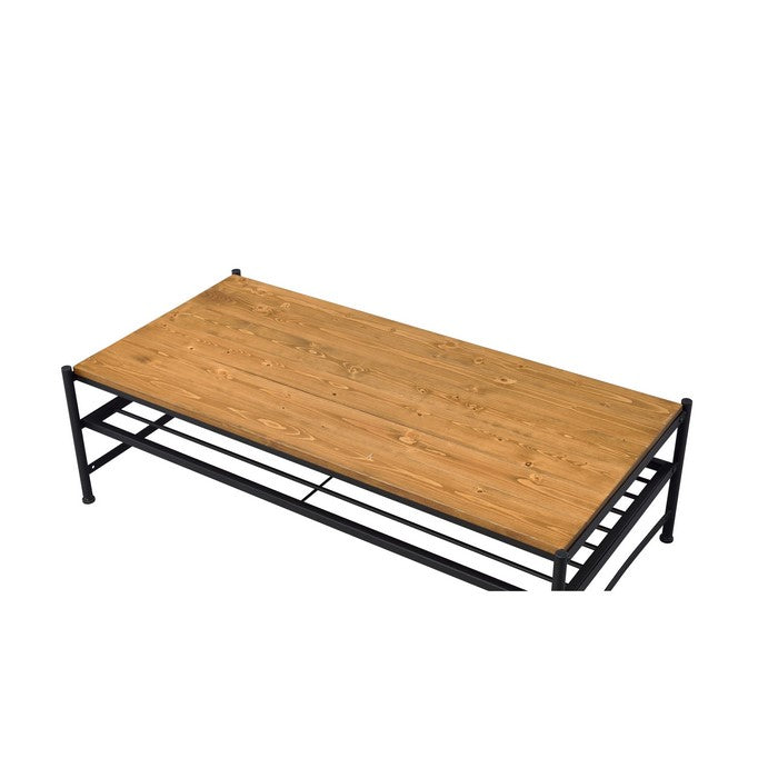 Metal and Wood Coffee Table with Slatted Bottom Shelf,Brown and Black