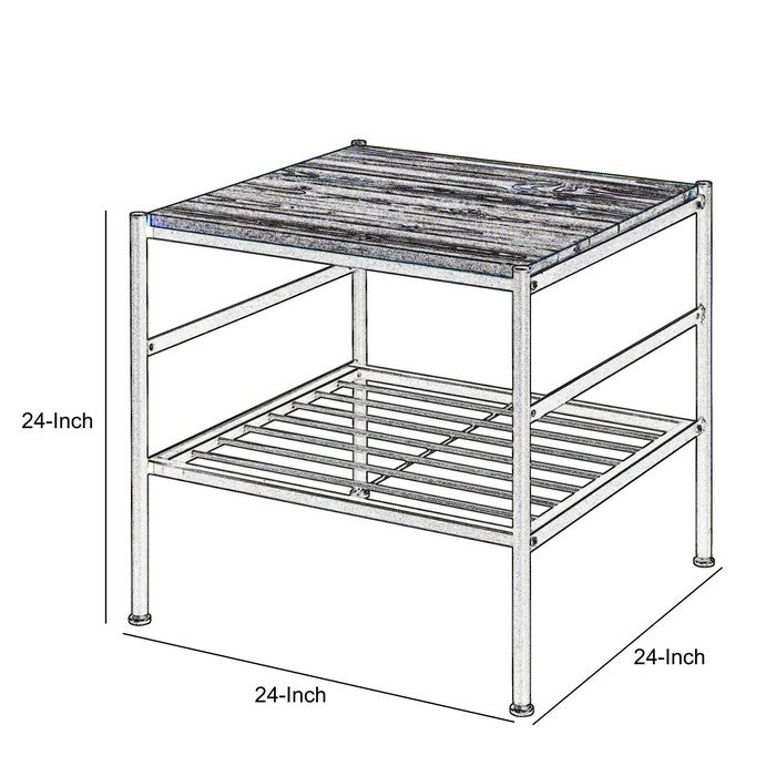 Metal and Wooden End Table with Slatted Bottom Shelf,Brown and Black