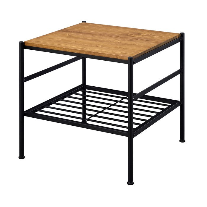 Metal and Wooden End Table with Slatted Bottom Shelf,Brown and Black