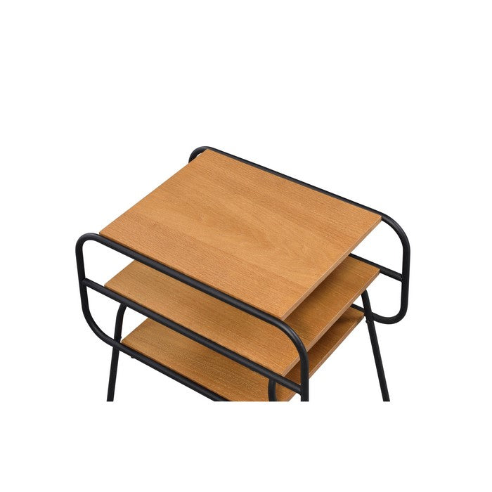 Metal and Wooden End Table with 2 Bottom Shelves, Brown and Black