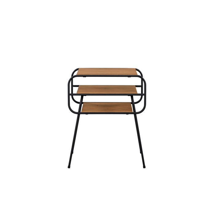 Metal and Wooden End Table with 2 Bottom Shelves, Brown and Black
