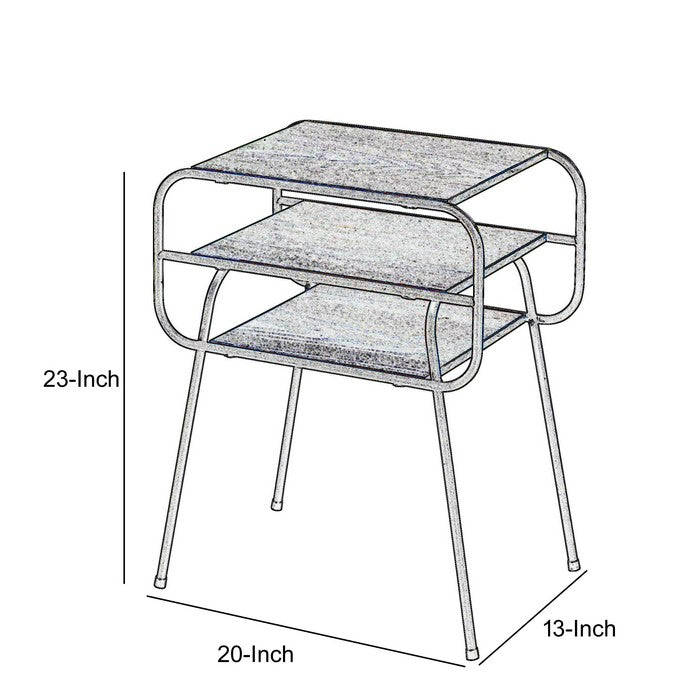 Metal and Wooden End Table with 2 Bottom Shelves, Brown and Black