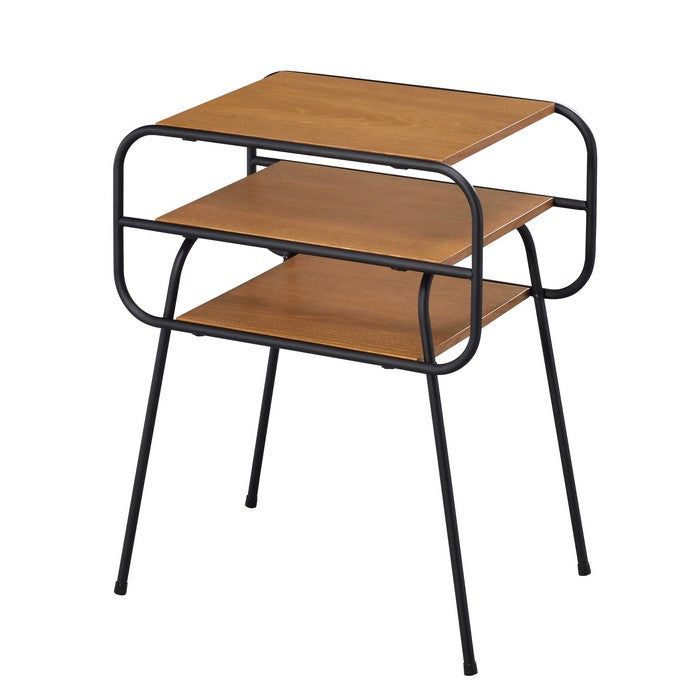 Metal and Wooden End Table with 2 Bottom Shelves, Brown and Black