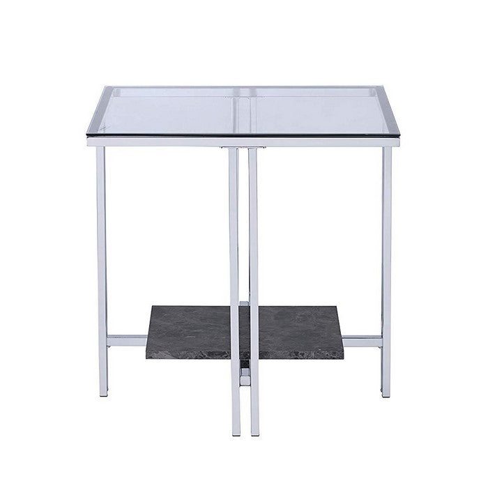 Glass Top Metal End Table with Marble Bottom Shelf, Silver and Clear