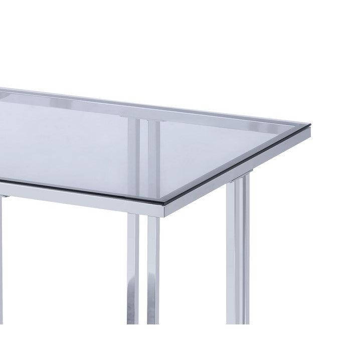 Glass Top Metal End Table with Marble Bottom Shelf, Silver and Clear