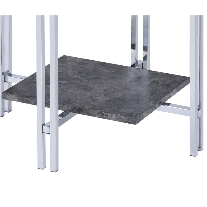 Glass Top Metal End Table with Marble Bottom Shelf, Silver and Clear