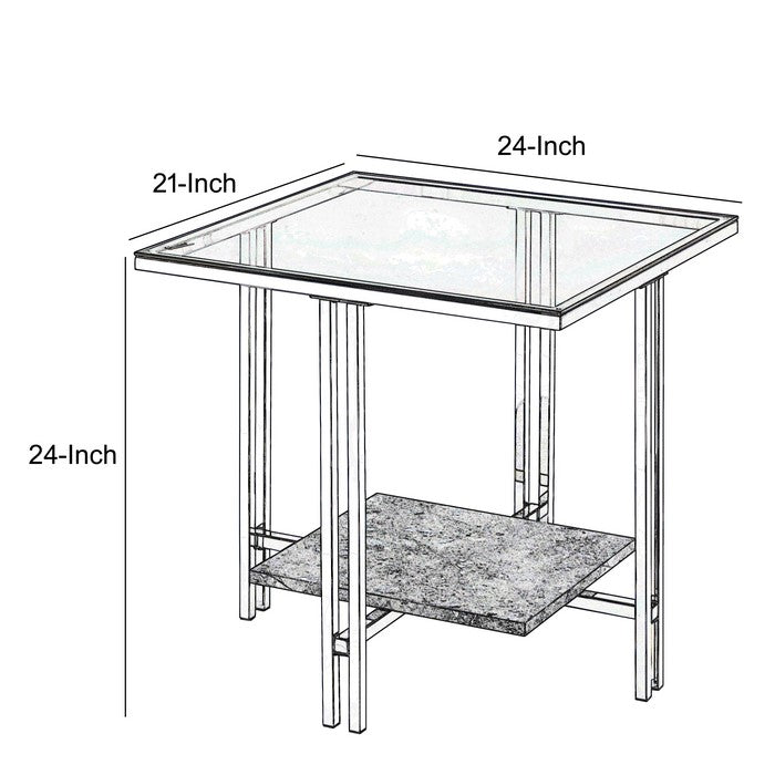 Glass Top Metal End Table with Marble Bottom Shelf, Silver and Clear