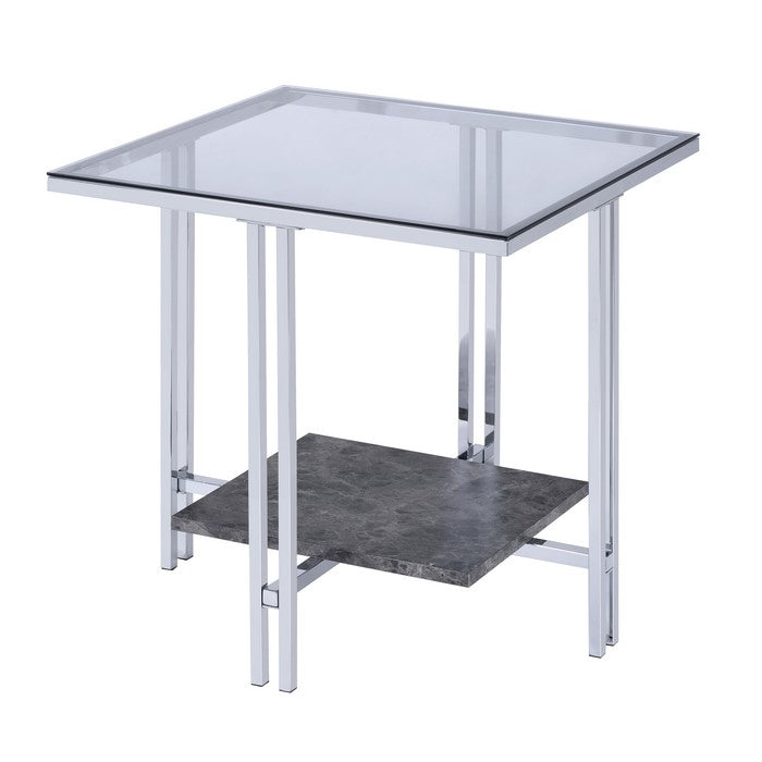 Glass Top Metal End Table with Marble Bottom Shelf, Silver and Clear