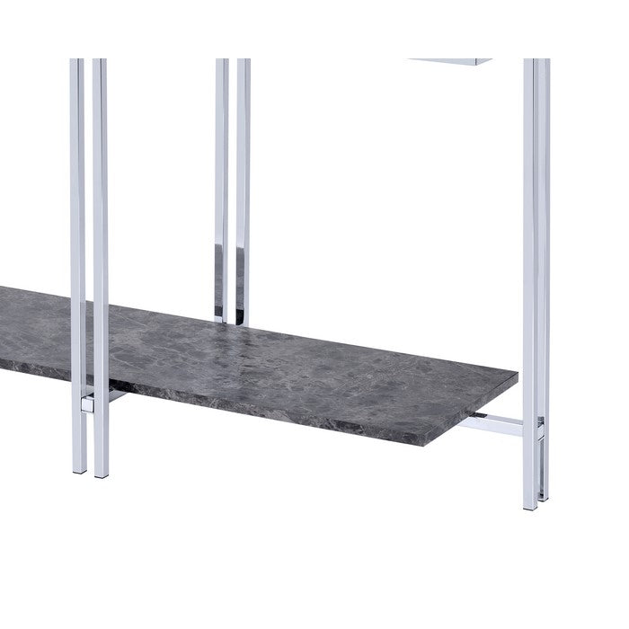 Glass Top Metal Sofa Table with Marble Bottom shelf, Silver and Clear