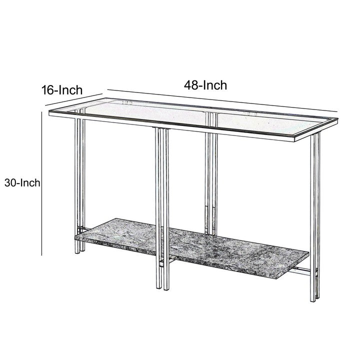Glass Top Metal Sofa Table with Marble Bottom shelf, Silver and Clear