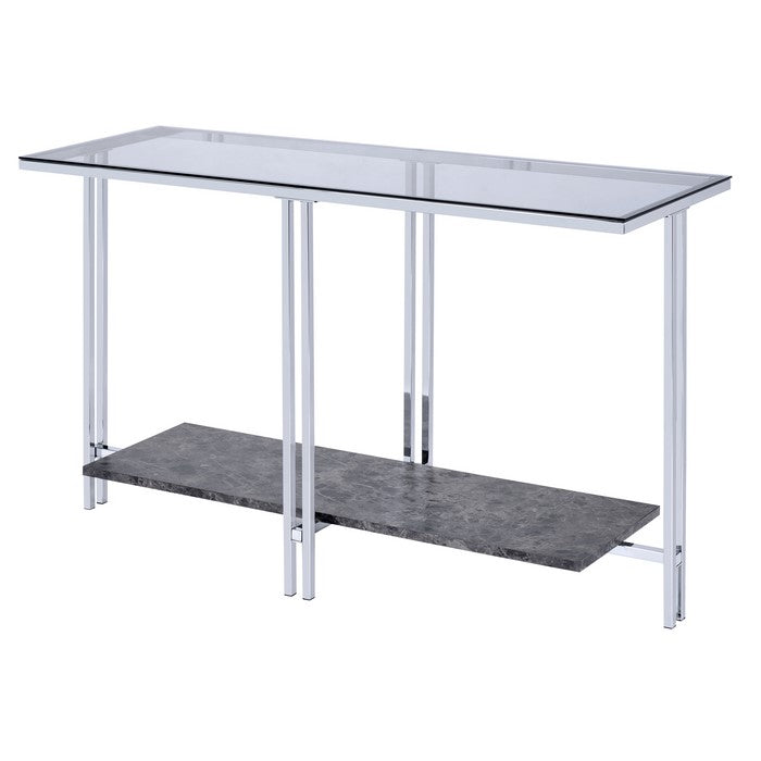 Glass Top Metal Sofa Table with Marble Bottom shelf, Silver and Clear